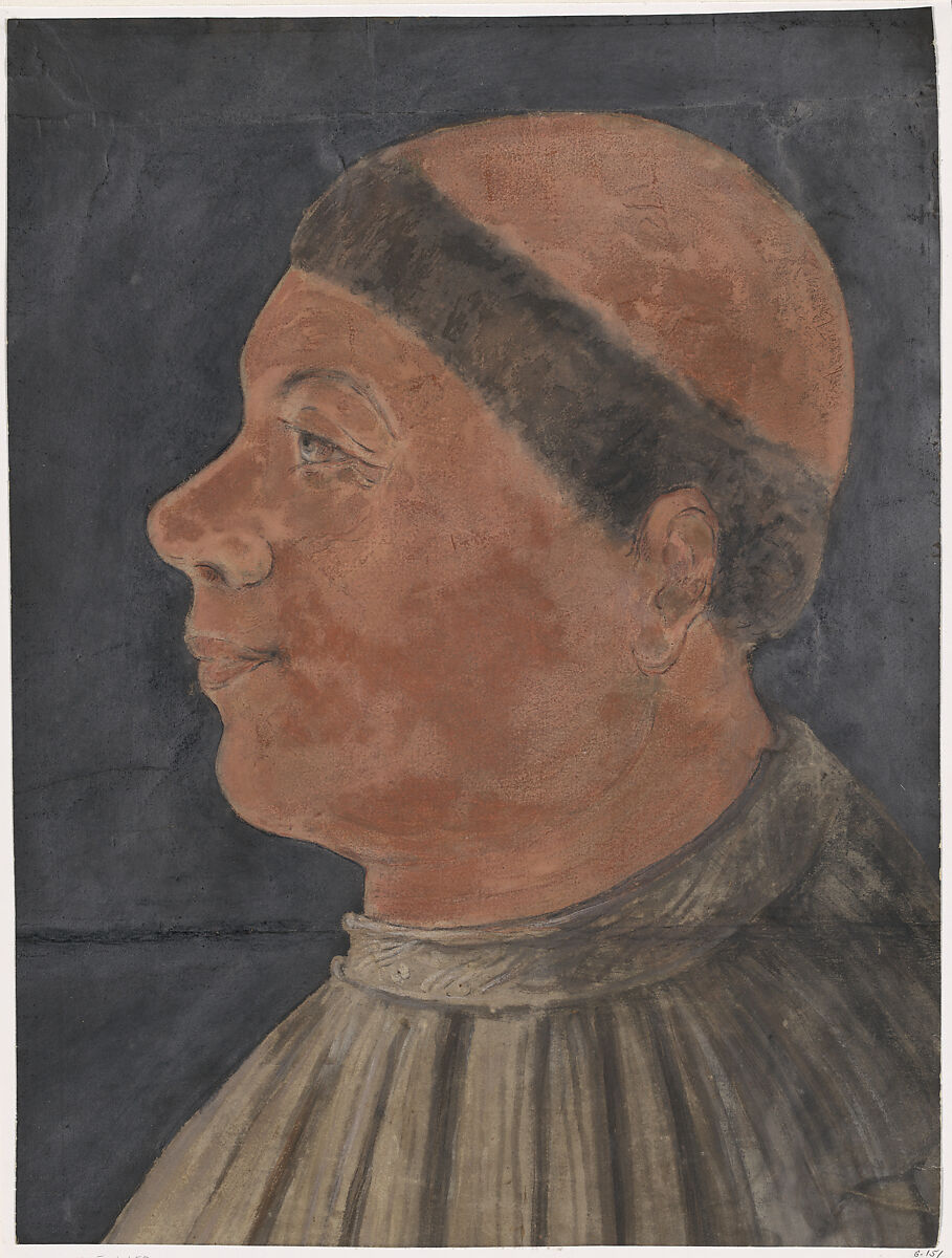 Profile Portrait of Bishop Antonius Campanus of Agram (Zagreb), French  French, Opaque copper-colored wash with pen and ink details against a black background, French or Italian