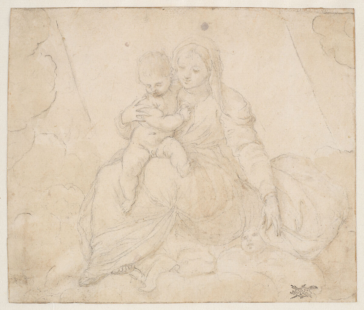 Madonna and Child Seated on a Cloud, Possibly Unknown (Spanish), Black chalk and brown wash 