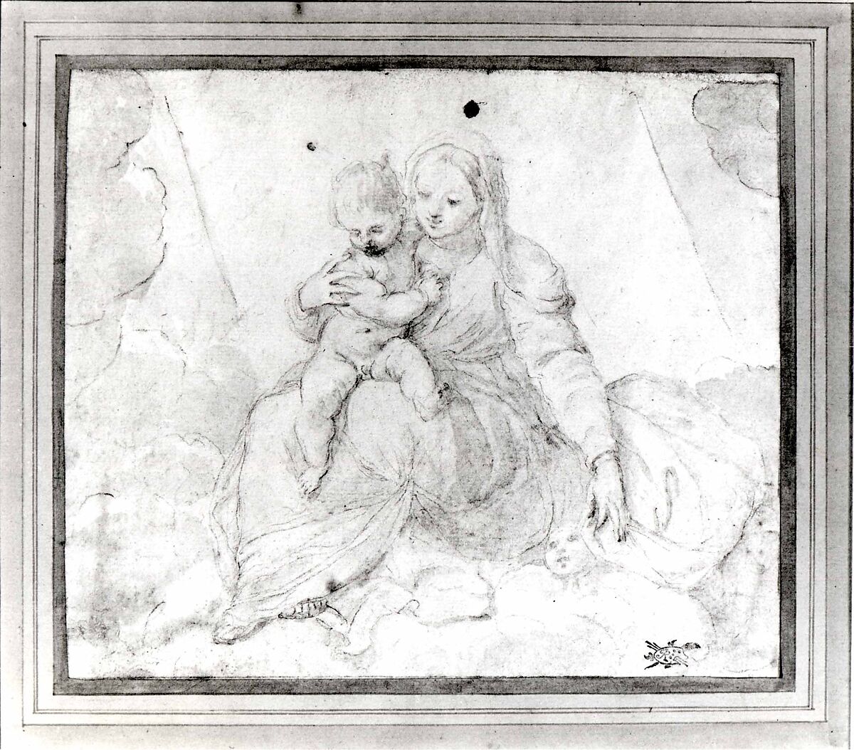 Madonna and Child Seated on a Cloud, Possibly Unknown (Spanish), Black chalk and brown wash