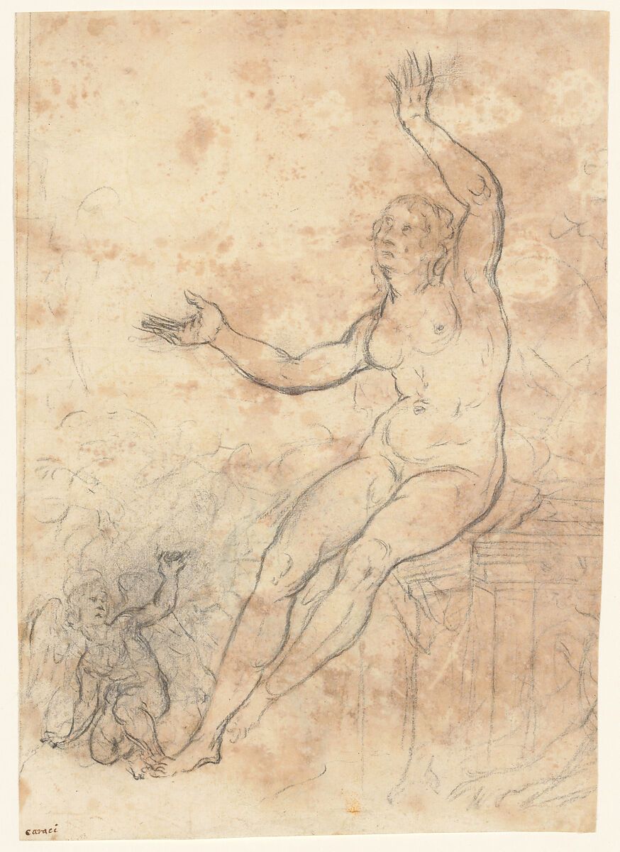 Female Nude (Danaë), Probably French, Black chalk 