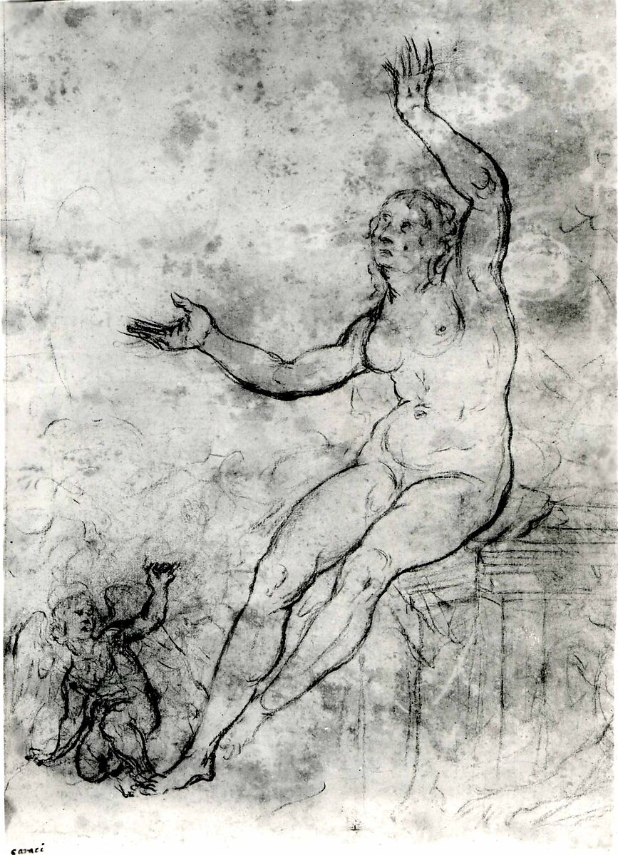 Female Nude (Danaë), Probably French, Black chalk