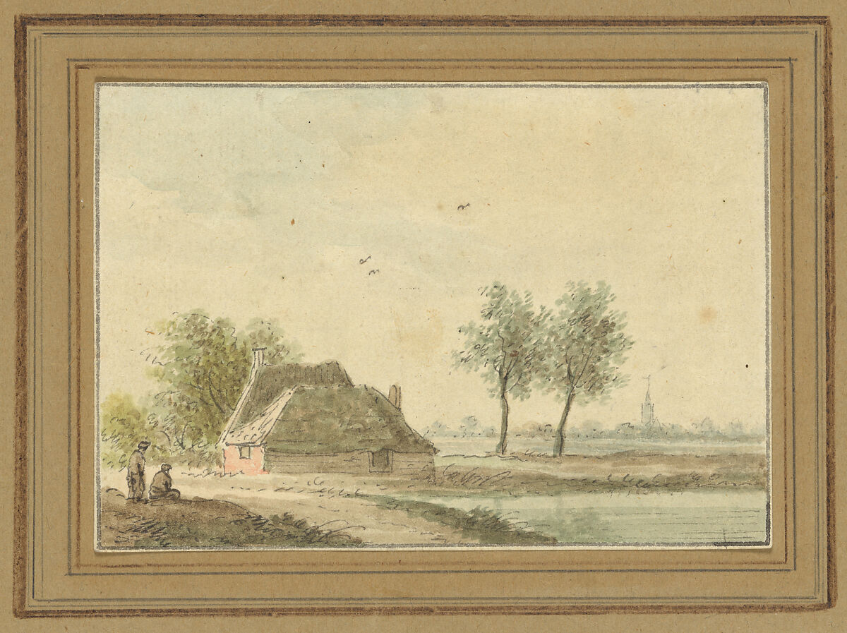 Cottage with a Distant Village, Possibly French, Pen and grayish brown ink, brush and washes in blue, green, grayish brown and pink; original framing line in gray., French or Dutch 