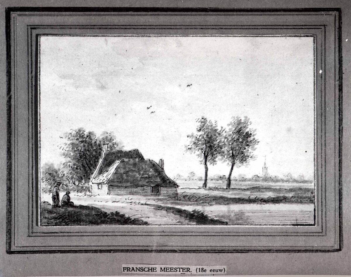 Cottage with a Distant Village, Possibly French, Pen and grayish brown ink, brush and washes in blue, green, grayish brown and pink; original framing line in gray., French or Dutch