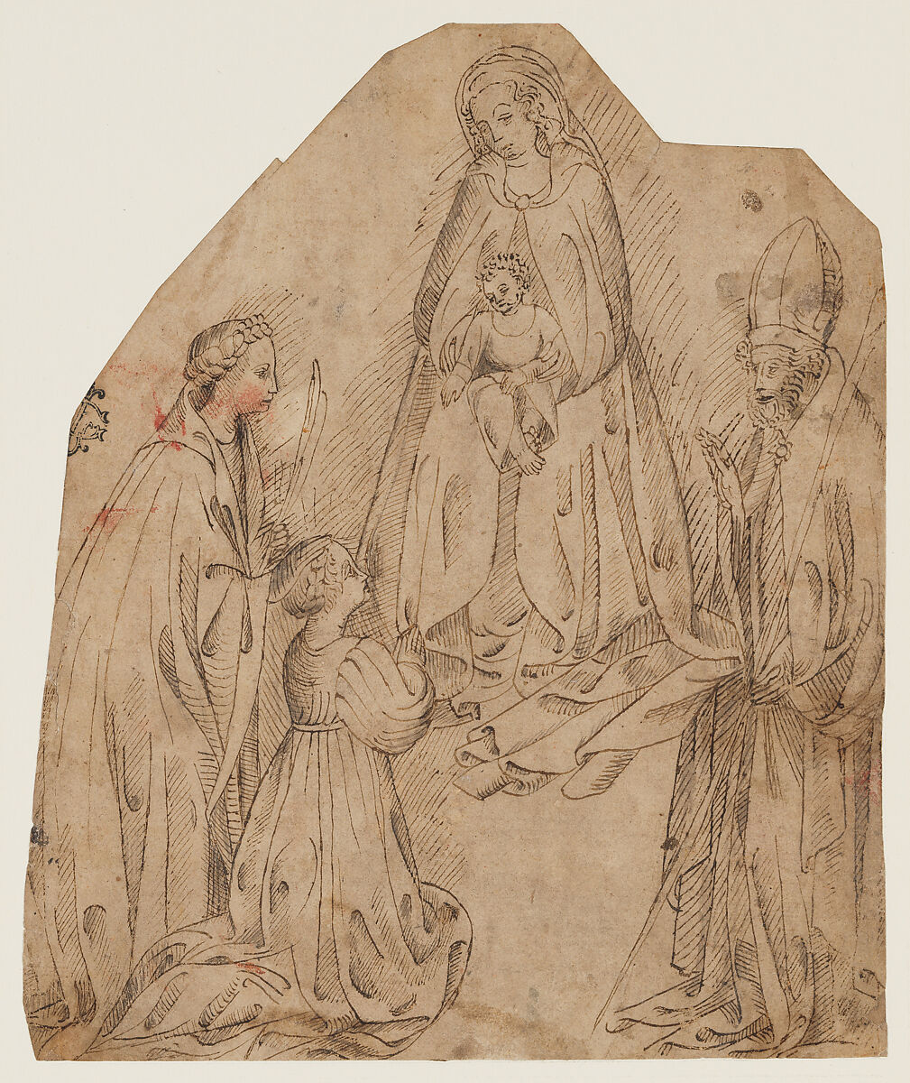 The Madonna and Child with a Female Martyr Saint, a Bishop Saint, and a Female Donor, Veronese School, workshop of Stefano da Verona (Stefano di Giovanni d&#39;Arbosio di Francia) (Italian, Paris or Pavia ca. 1374/75–after 1438 Verona), Pen and dark brown ink, brush and gray ink. 