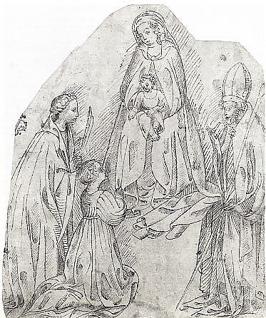 The Madonna and Child with a Female Martyr Saint, a Bishop Saint, and a Female Donor, Veronese School, workshop of Stefano da Verona (Stefano di Giovanni d'Arbosio di Francia) (Italian, Paris or Pavia ca. 1374/75–after 1438 Verona), Pen and dark brown ink, brush and gray ink.