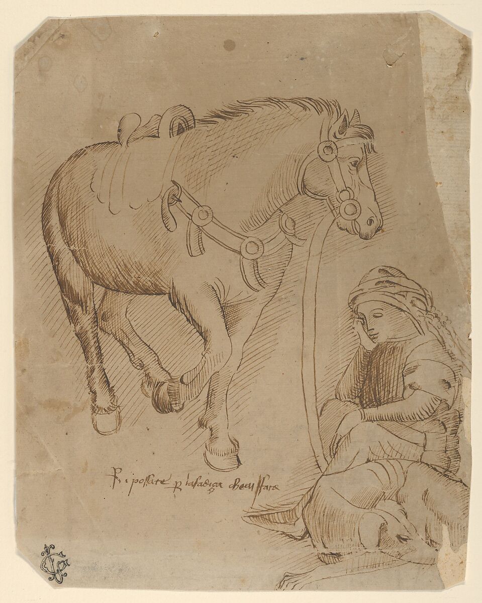 A Man Asleep Alongside a Dog and a Horse, Veronese School, workshop or follower of Stefano da Verona (Stefano di Giovanni d&#39;Arbosio di Francia) (Italian, Paris or Pavia ca. 1374/75–after 1438 Verona), Pen and brown ink on brownish paper. 