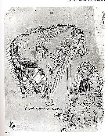A Man Asleep Alongside a Dog and a Horse, Veronese School, workshop or follower of Stefano da Verona (Stefano di Giovanni d'Arbosio di Francia) (Italian, Paris or Pavia ca. 1374/75–after 1438 Verona), Pen and brown ink on brownish paper.
