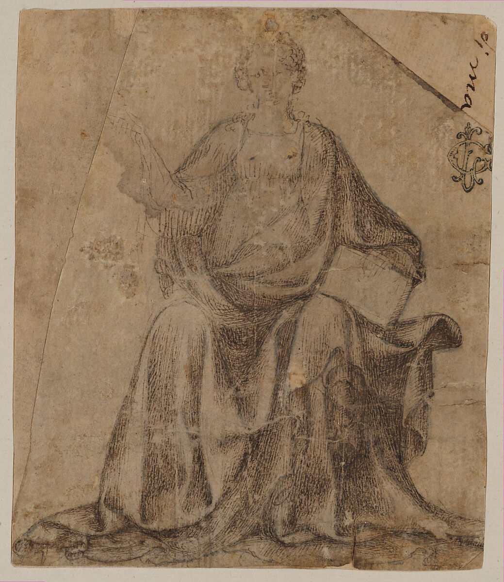 Seated Female Figure Holding a Book and a Scroll (?), Veronese School (mid-fifteenth century), Pen and dark brown ink, over black chalk, Italian, Verona 
