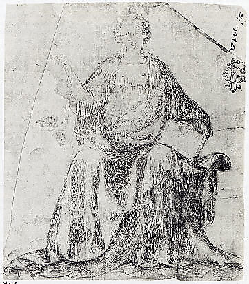 Seated Female Figure Holding a Book and a Scroll (?), Veronese School (mid-fifteenth century), Pen and dark brown ink, over black chalk, Italian, Verona