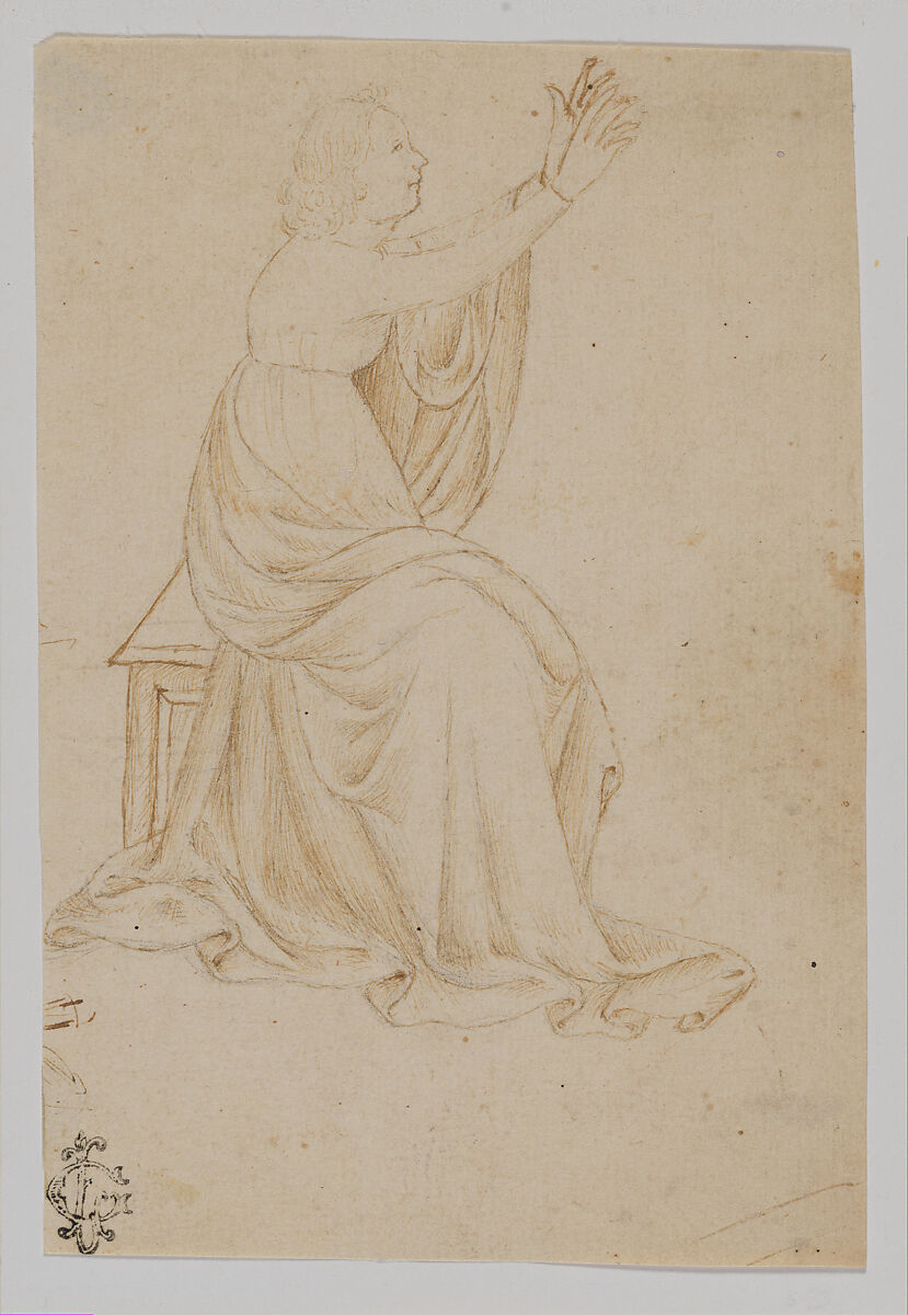Seated Female Figure with Upraised Arms, Facing Right, Veronese School (mid-fifteenth century), Pen and brown ink, over traces of black chalk, Italian, Verona 