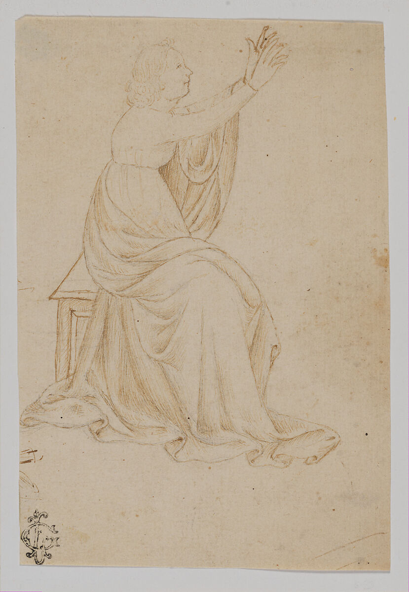 Seated Female Figure with Upraised Arms, Facing Right, Veronese School, Pen and brown ink, over traces of black chalk, Italian, Verona