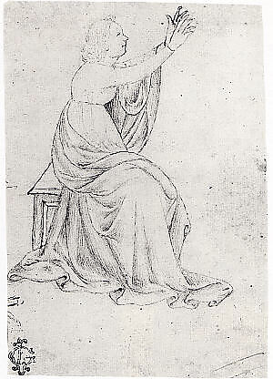 Seated Female Figure with Upraised Arms, Facing Right, Veronese School (mid-fifteenth century), Pen and brown ink, over traces of black chalk, Italian, Verona