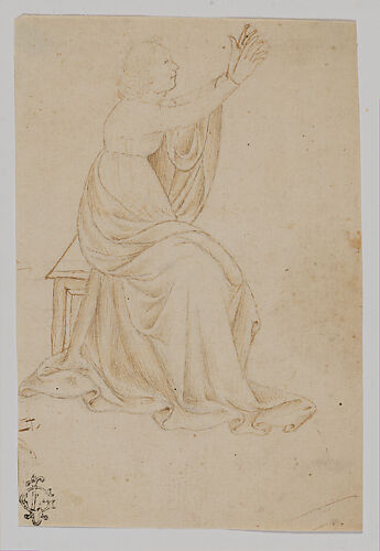 Seated Female Figure with Upraised Arms, Facing Right