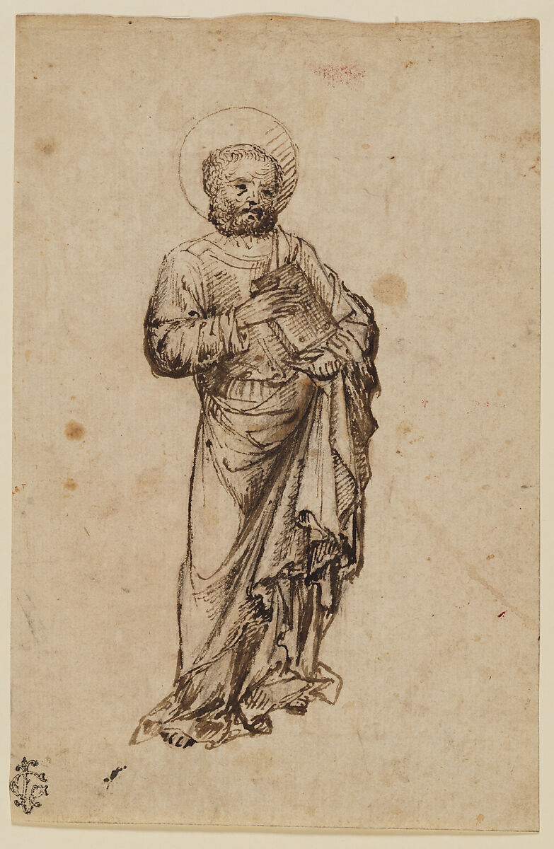 Standing Apostle or Saint, Michele Giambono (Michele Giovanni Bono) (Italian, active Venice 1420–62) (?), Pen and brown ink, touches of brush and darker brown wash, over black chalk. 