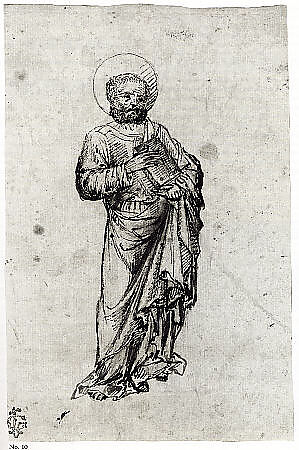 Standing Apostle or Saint, Michele Giambono (Michele Giovanni Bono) (Italian, active Venice 1420–62) (?), Pen and brown ink, touches of brush and darker brown wash, over black chalk.