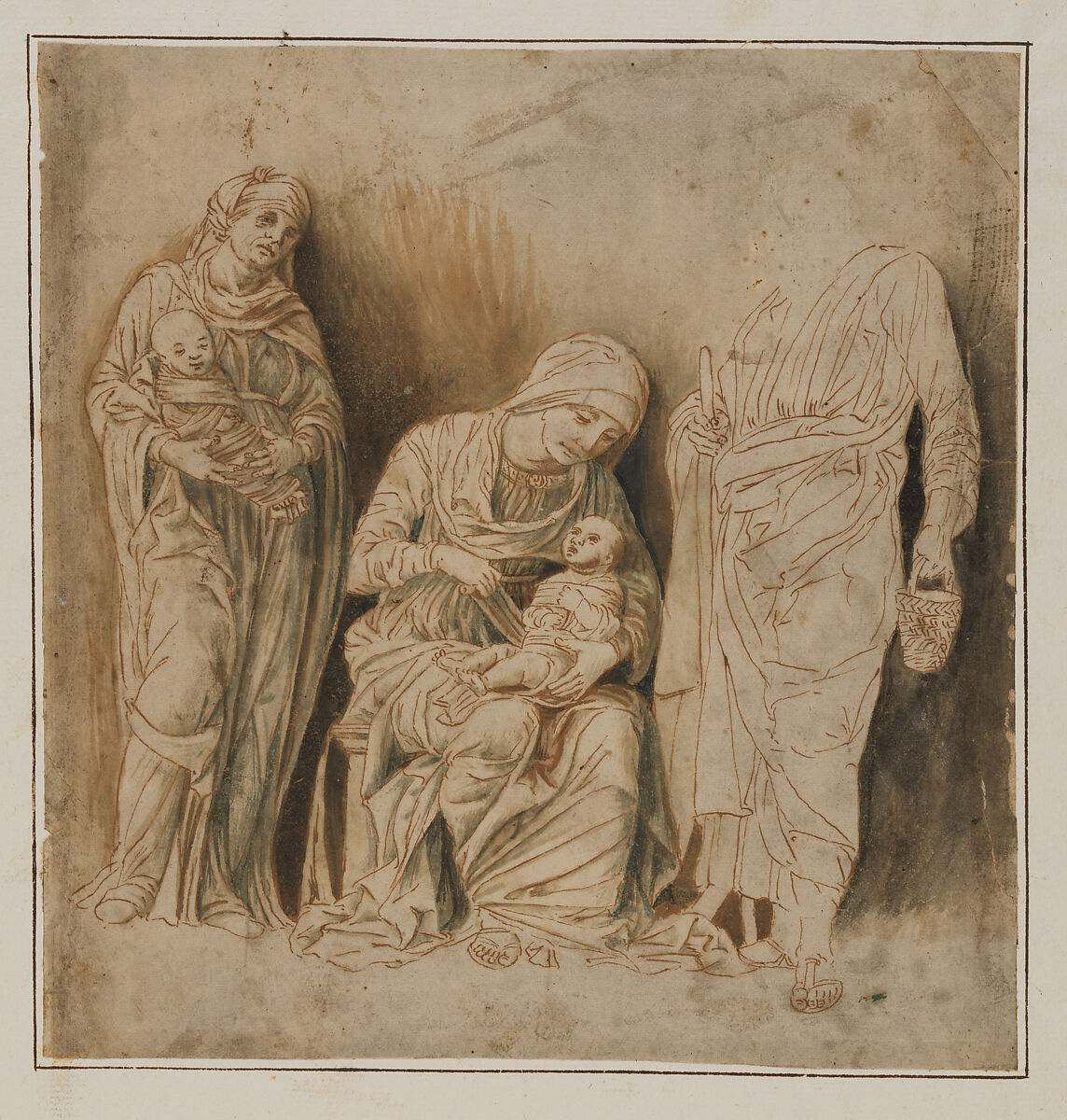 The Holy Family with Saint Elizabeth and the Infant John the Baptist, Follower of Andrea Mantegna (Italian, Isola di Carturo 1430/31–1506 Mantua), Pen and brown ink, brush and greenish gray and brown wash, gray wash applied to the background, probably by a later hand., Italian 
