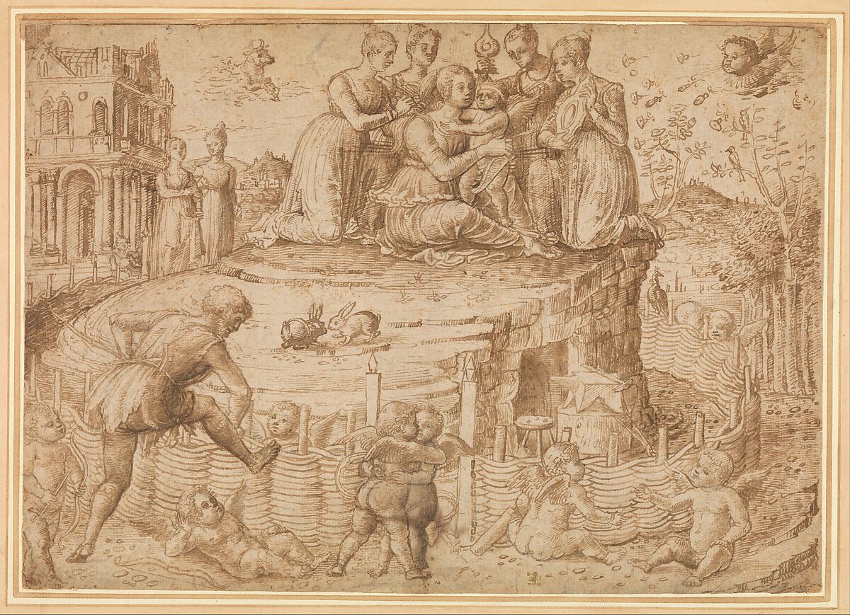 Vulcan Building a Fence Around the Mount of Venus, Circle of Giovanni Bellini (Italian, Venice, 1424/26–1516 Venice) ca. 1430–1516, Pen and brown ink, over traces of black chalk. 