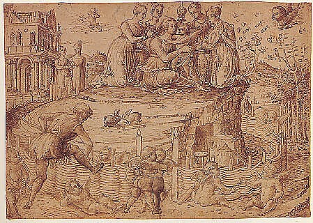 Vulcan Building a Fence Around the Mount of Venus, Circle of Giovanni Bellini (Italian, Venice, 1424/26–1516 Venice) ca. 1430–1516, Pen and brown ink, over traces of black chalk.