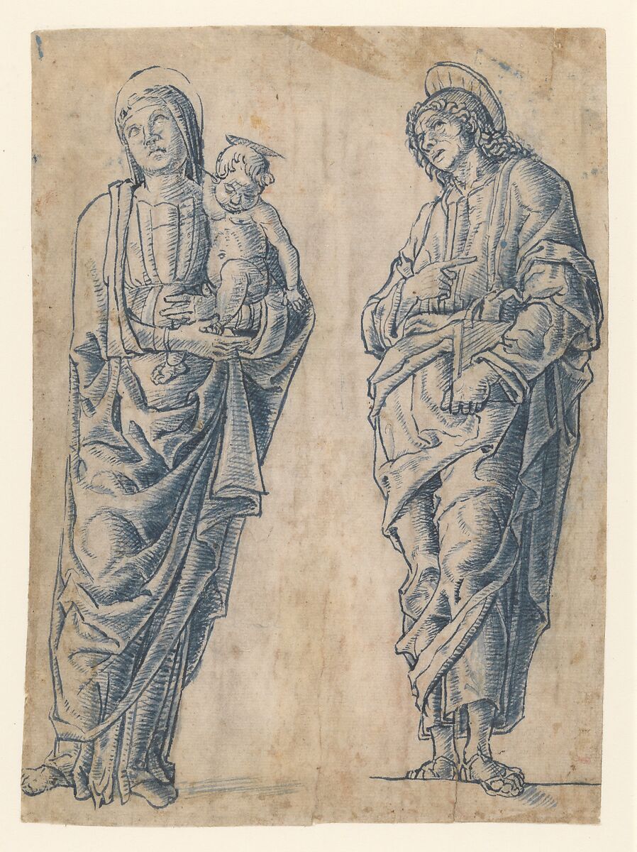 Madonna and Child with Saint John the Evangelist, Andrea da Murano (Documented Venice 1462–1507) (?), Pen and blue ink, brush and blue wash 