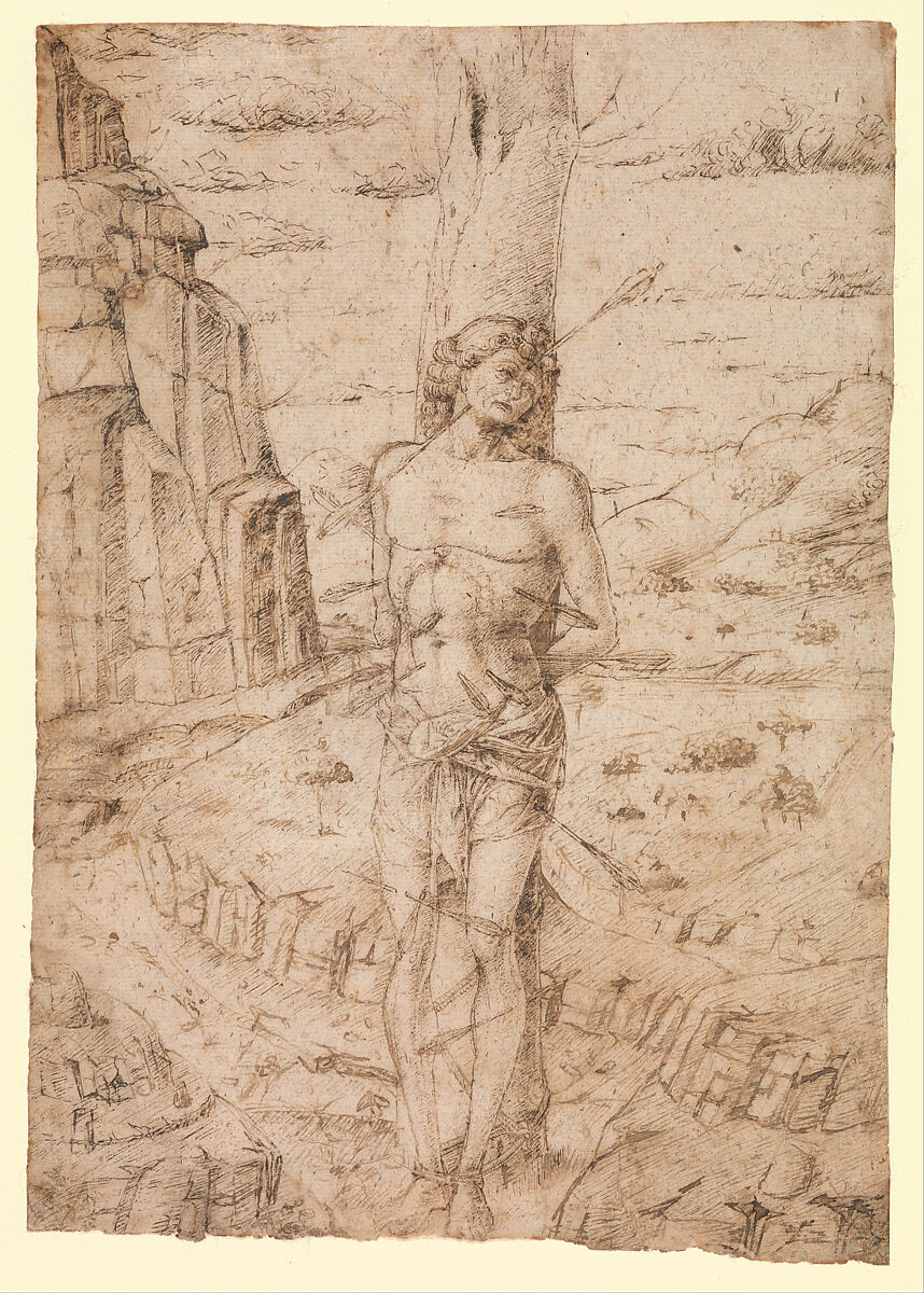 Saint Sebastian in a Landscape, Ferrara (1470–1499), Pen and brown ink 