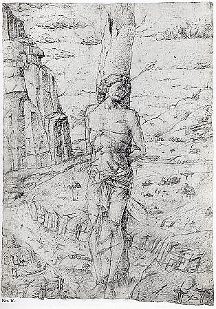 Saint Sebastian in a Landscape, Ferrara (1470–1499), Pen and brown ink