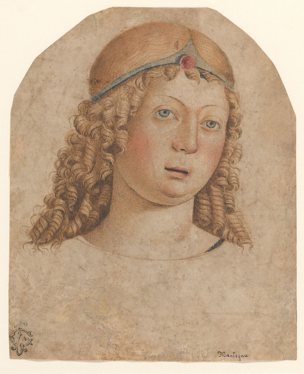 Head of a Youth with a Diadem, Cristoforo Caselli (1460–1521) (?), Pen and brown ink, brown wash, red and blue watercolor, on tinted paper., Italian 