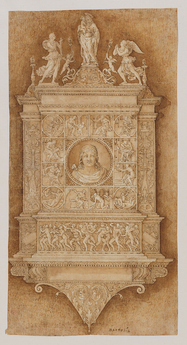 Design for a Funeral Monument, Italian, Lombardy (early 16th century), Pen and ink in two shades of brown, brush and brown washes., Italian, Lombard 
