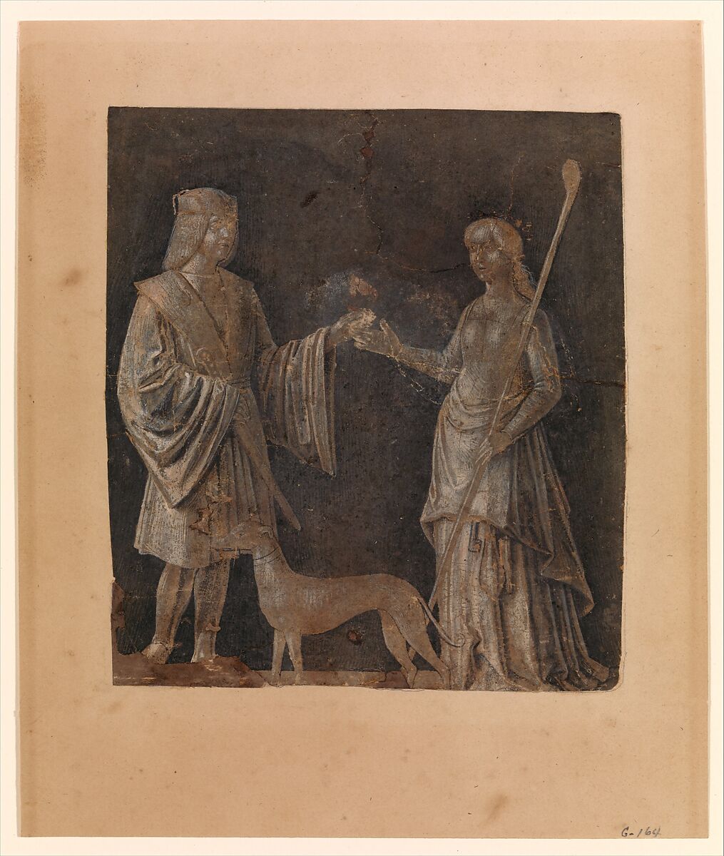 A Gentleman, a Young Woman, and a Dog, Michele da Verona (Italian, Verona ca. 1470–Verona 1536/1544) (?), Brush and gray and brown ink, heightened with white, on light brown paper. 
