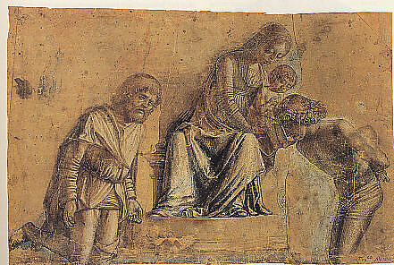 Madonna and Child with Saints Roch and Sebastian, Michele da Verona (Italian, Verona ca. 1470–Verona 1536/1544), Tip of the brush and brown ink, brown and some blue wash, heightened with white, on paper tinted brown.