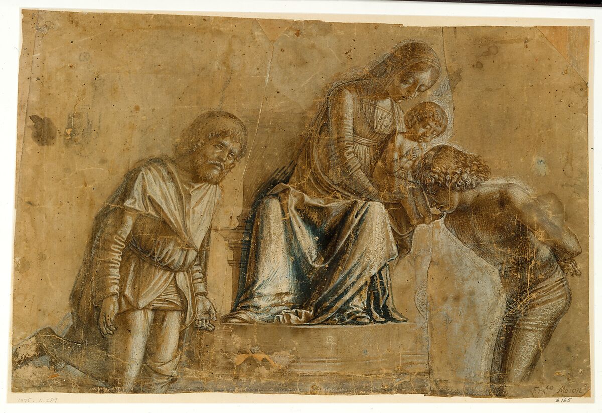 Madonna and Child with Saints Roch and Sebastian, Michele da Verona (Italian, Verona ca. 1470–Verona 1536/1544), Tip of the brush and brown ink, brown and some blue wash, heightened with white, on paper tinted brown. 