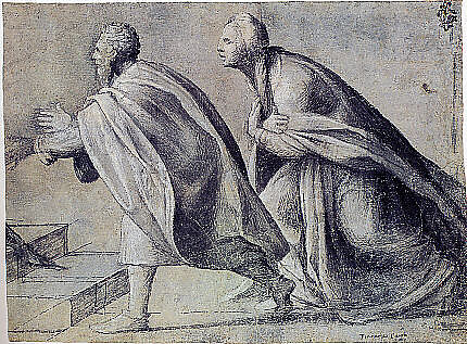 Man and Woman Striding Toward the Left, Circle of Giovanni Francesco Caroto (Italian, Verona ca. 1480–ca. 1555) and, Point of the brush and gray ink, heightened with white, on paper washed with blue., Italian