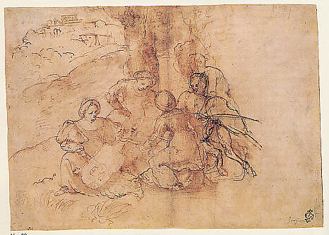 Concert champêtre, Girolamo Romanino (Italian, Brescia 1484/87–1560 Brescia), Pen and brown ink, brown wash, over black chalk.