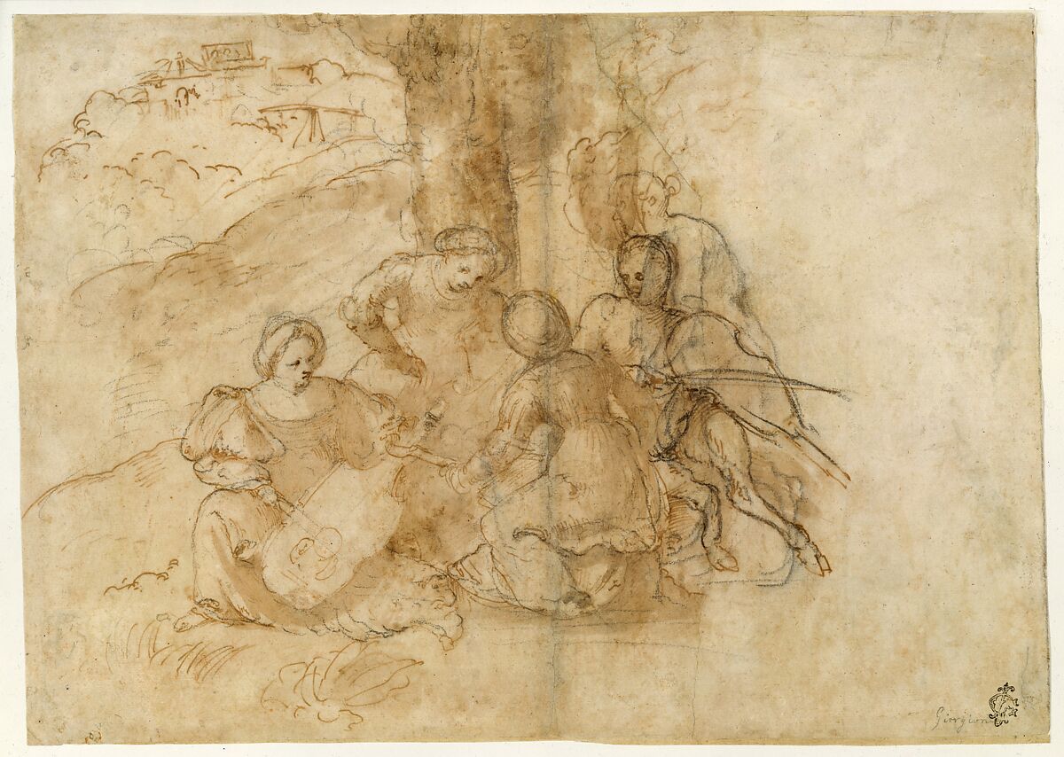 Concert champêtre, Girolamo Romanino (Italian, Brescia 1484/87–1560 Brescia), Pen and brown ink, brown wash, over black chalk. 