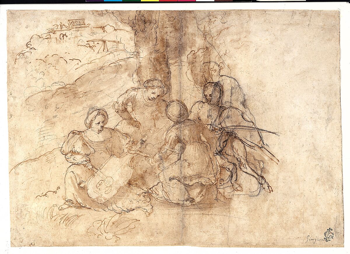 Concert champêtre, Girolamo Romanino (Italian, Brescia 1484/87–1560 Brescia), Pen and brown ink, brown wash, over black chalk.
