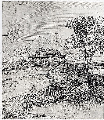 Mountainous Landscape with a Rock, Trees, and Buildings, Domenico Campagnola (Italian, Venice (?) 1500–1564 Padua), Pen and brown ink