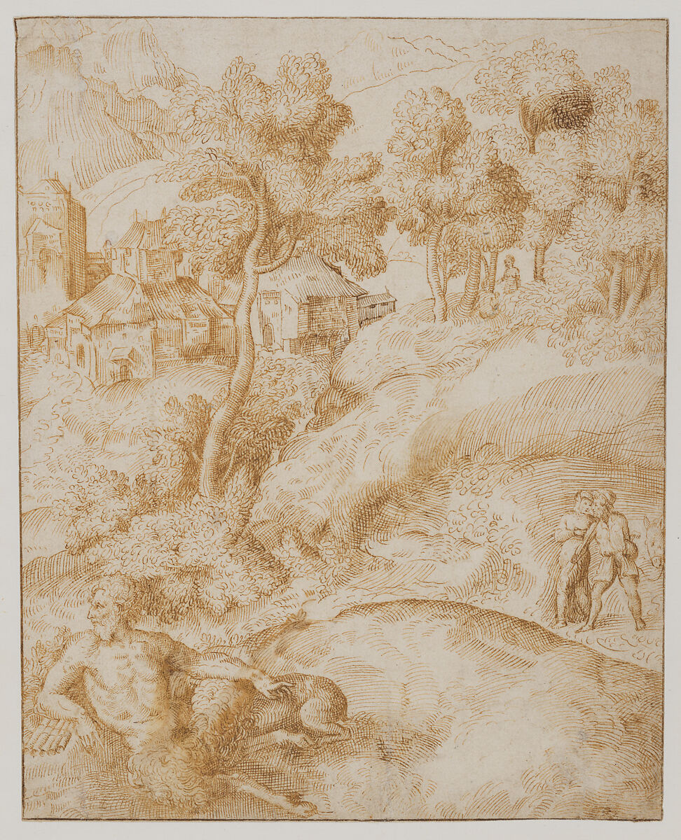 Landscape with a Satyr, Domenico Campagnola (Italian, Venice (?) 1500–1564 Padua), Pen and brown ink, touches of darker ink on the hut at center. 