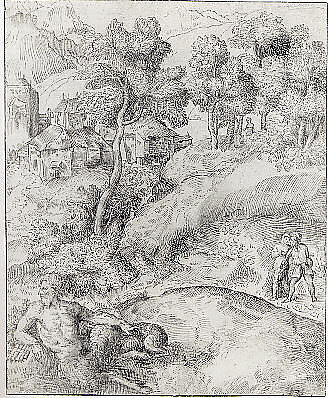 Landscape with a Satyr, Domenico Campagnola (Italian, Venice (?) 1500–1564 Padua), Pen and brown ink, touches of darker ink on the hut at center.