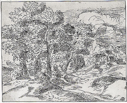 Landscape with Two Seated Figures, Imitator of Domenico Campagnola (Venice, ca. 1500–1699), Pen and brown ink, over traces of black chalk