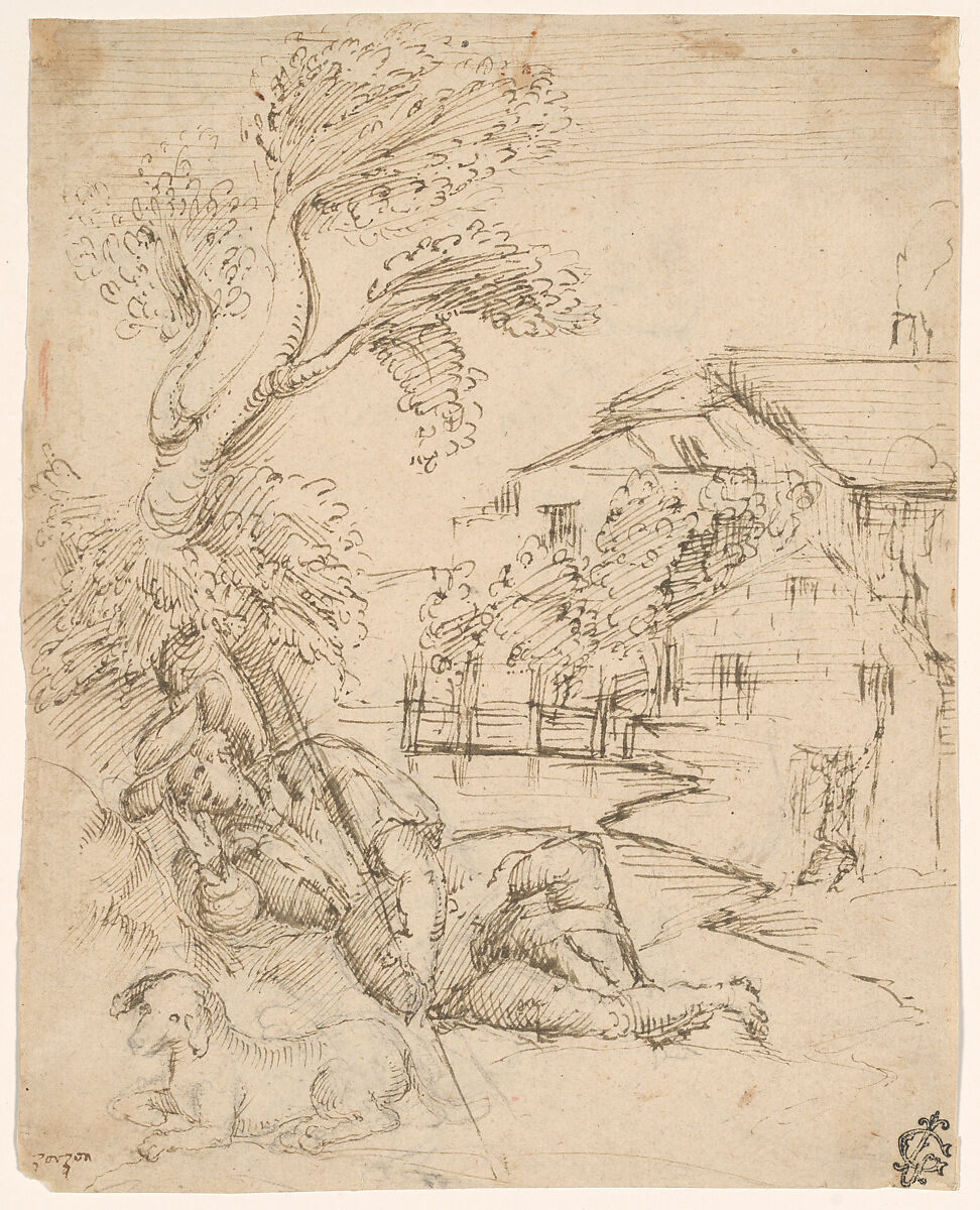 Landscape with a Shepherd in Repose, The Veneto (mid-16th century), Pen and brown ink, over black chalk., Italian, Veneto 