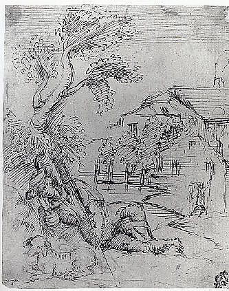 Landscape with a Shepherd in Repose, The Veneto (mid-16th century), Pen and brown ink, over black chalk., Italian, Veneto