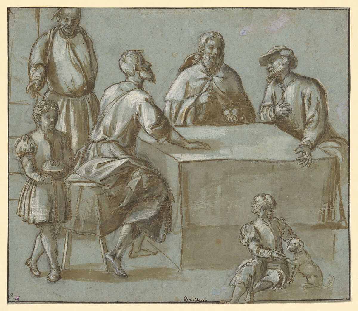 The Supper at Emmaus, Bonifacio de&#39; Pitati (Bonifacio Veronese) (Italian, Verona 1487–1553 Venice) (?), Brush and brown ink, brown wash, heightened with white, over black chalk underwriting, on blue paper. 