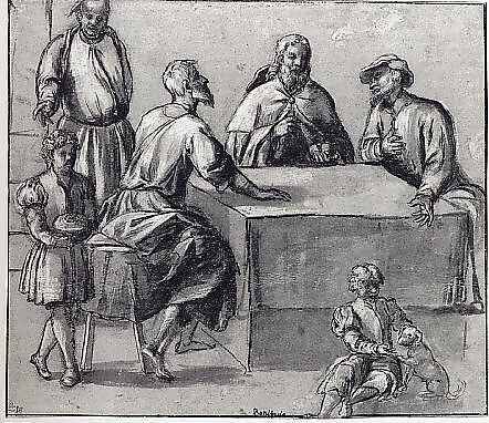 The Supper at Emmaus, Bonifacio de' Pitati (Bonifacio Veronese) (Italian, Verona 1487–1553 Venice) (?), Brush and brown ink, brown wash, heightened with white, over black chalk underwriting, on blue paper.