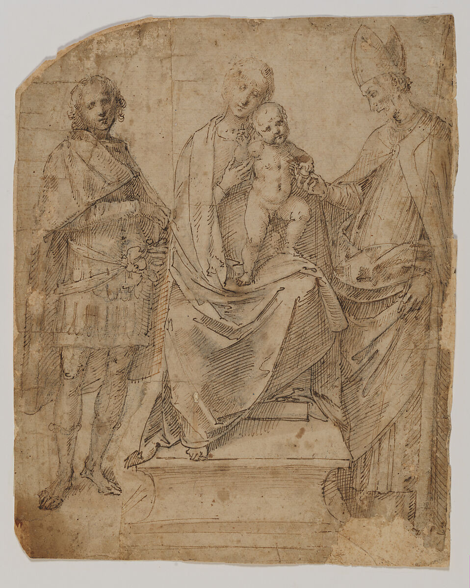 Madonna and Child with Saints Martin and Maurice (?), Follwer of Gaudenzio Ferrari (Italian, Valduggia 1475/80–1546 Milan), Pen and ink in two shades of brown, over black chalk. 