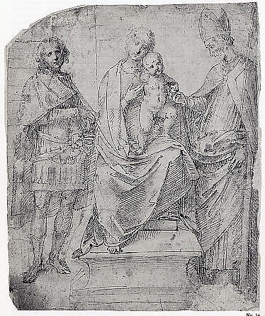 Madonna and Child with Saints Martin and Maurice (?), Follwer of Gaudenzio Ferrari (Italian, Valduggia 1475/80–1546 Milan), Pen and ink in two shades of brown, over black chalk.
