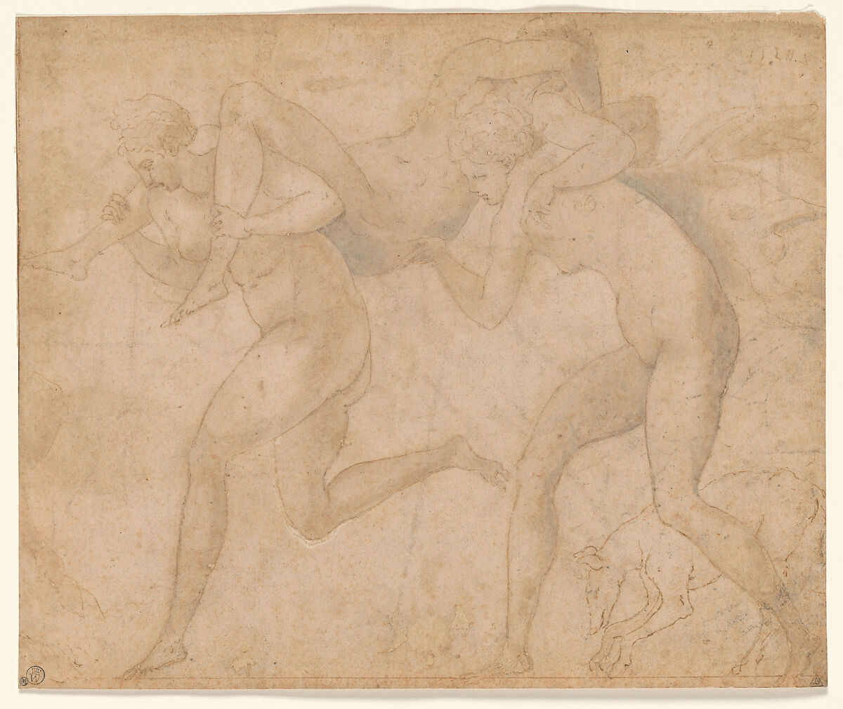 Two Nymphs Carrying a Third, Francesco Primaticcio (Italian, Bologna 1504/5–1570 Paris), Pen and brown ink, brown wash, traces of white corrections.  Black chalk shading probably added by a later hand. 