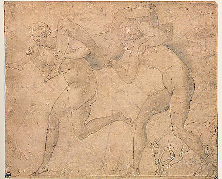 Two Nymphs Carrying a Third, Francesco Primaticcio (Italian, Bologna 1504/5–1570 Paris), Pen and brown ink, brown wash, traces of white corrections.  Black chalk shading probably added by a later hand.