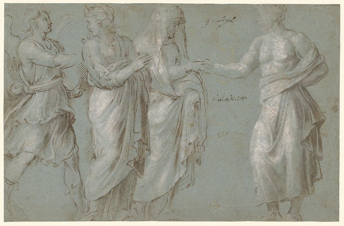 A Winged Figure, two Women, and a Man, Biagio Pupini (Italian, born Bologna, active 1511–51) (?), Pen and brown ink, brush and brown and gray wash, heightened with white on blue paper. 