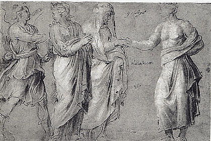 A Winged Figure, two Women, and a Man, Biagio Pupini (Italian, born Bologna, active 1511–51) (?), Pen and brown ink, brush and brown and gray wash, heightened with white on blue paper.