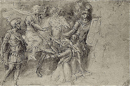 A Winged Figure, two Women, and a Man, Biagio Pupini (Italian, born Bologna, active 1511–51) (?), Pen and brown ink, brush and brown and gray wash, heightened with white on blue paper.