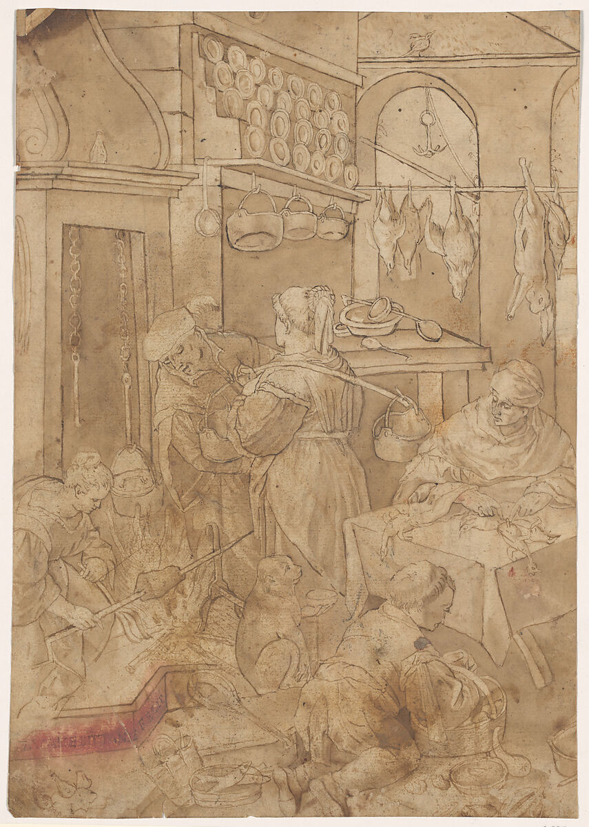 Kitchen Scene, Copy after Leandro (?) Bassano (1557–1622), Pen and brown ink, brown wash, Italian 
